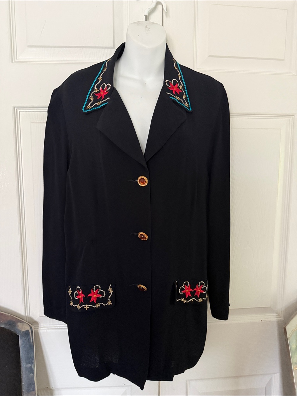 Carole Little Black Jacket with Red Floral Embroidery